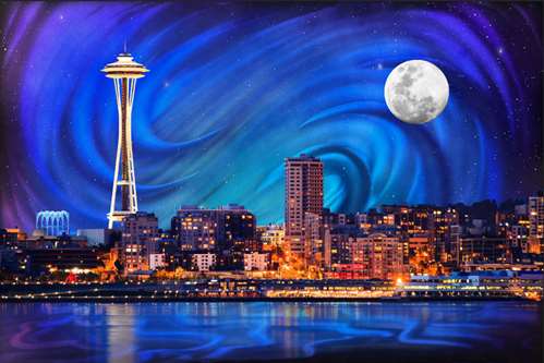 Epic Seattle Night Limited Run 24X36 with 4 stocking stuffer Magic Mugs and signed sparkling wine