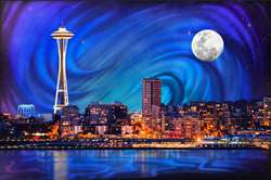 Epic Seattle Night Limited Run 24X36 with 4 stocking stuffer Magic Mugs and signed sparkling wine 